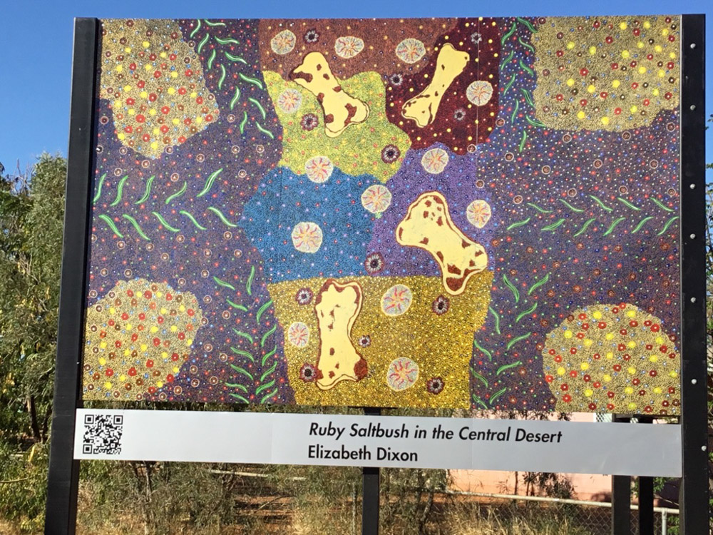 Work of Engawala artist Elizabeth Dixon in the Outback Way gallery.