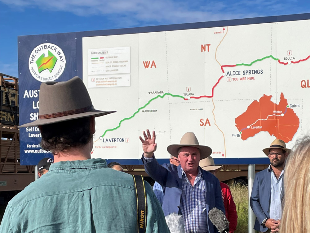Barnaby Joyce in Alice Springs announcing the funding for the Outback Way sealing.