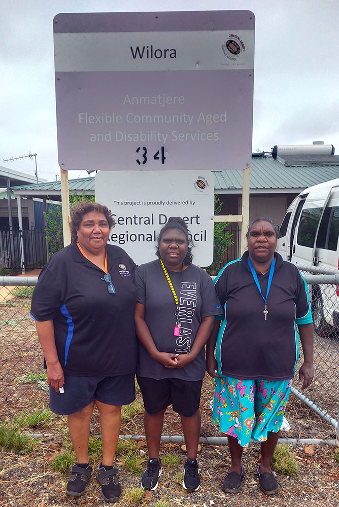 Edna Snape with Aged Care staff Cherise Moore and Selina Gorey in front of Wilora Aged Care Centre.