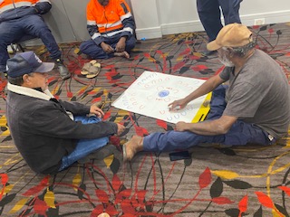 Participants discussing one of their pictures of a modern peacemaking meeting in their community